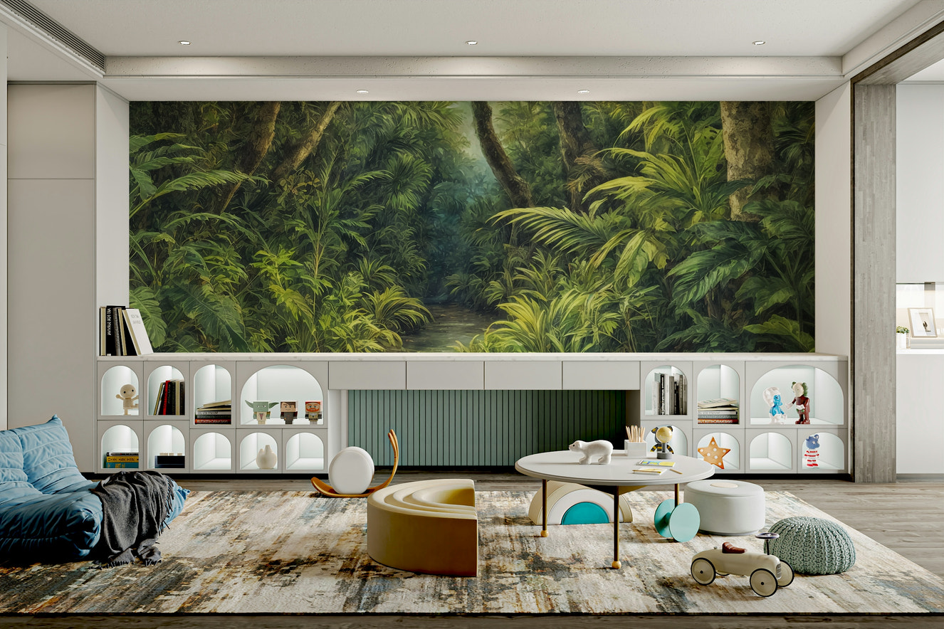 A wall mural of a tropical forest canopy.

