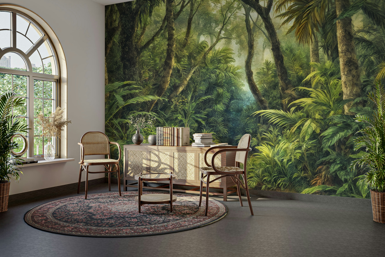 The image shows an artistic impression of a lush forest.

