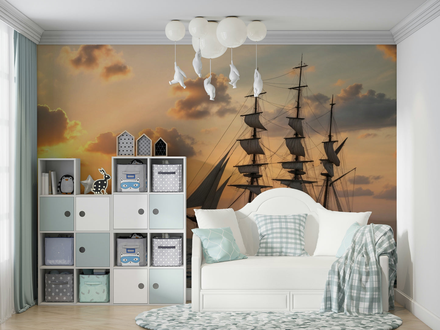 The colors are soft, muted tones of blue, orange, and gray.

