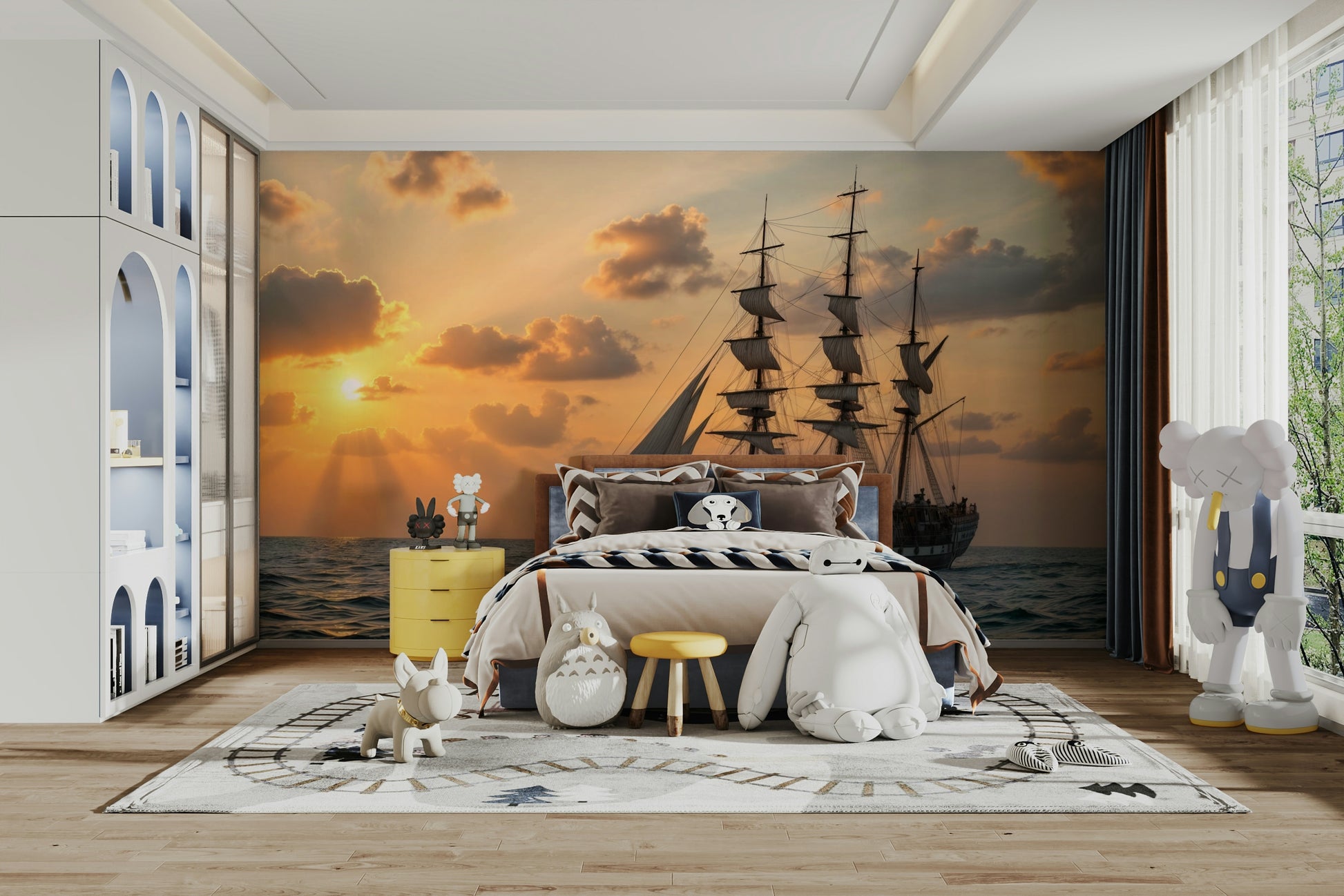 A wall mural of a sailboat at dusk.

