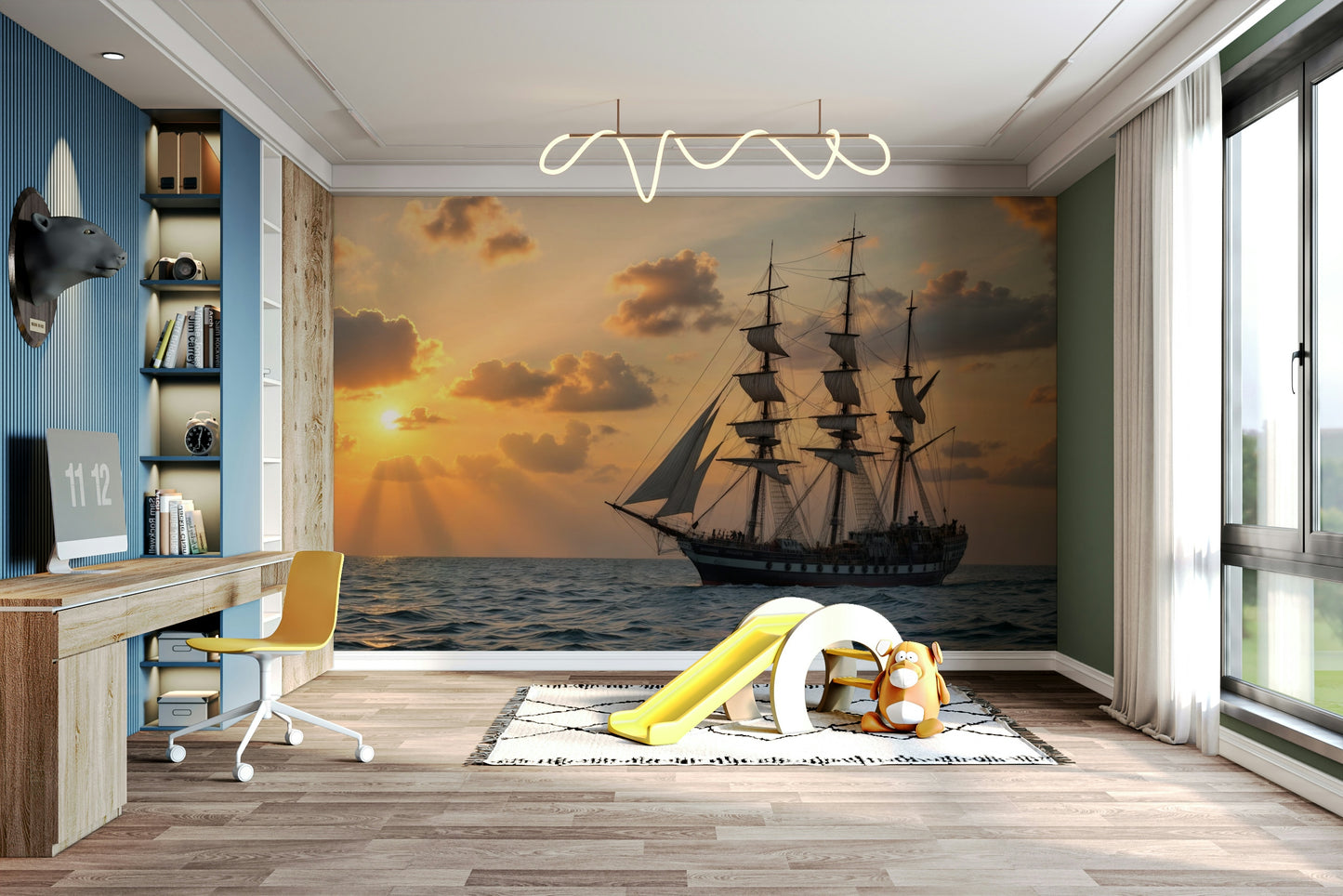 The image shows a peaceful scene with a sailboat and setting sun.

