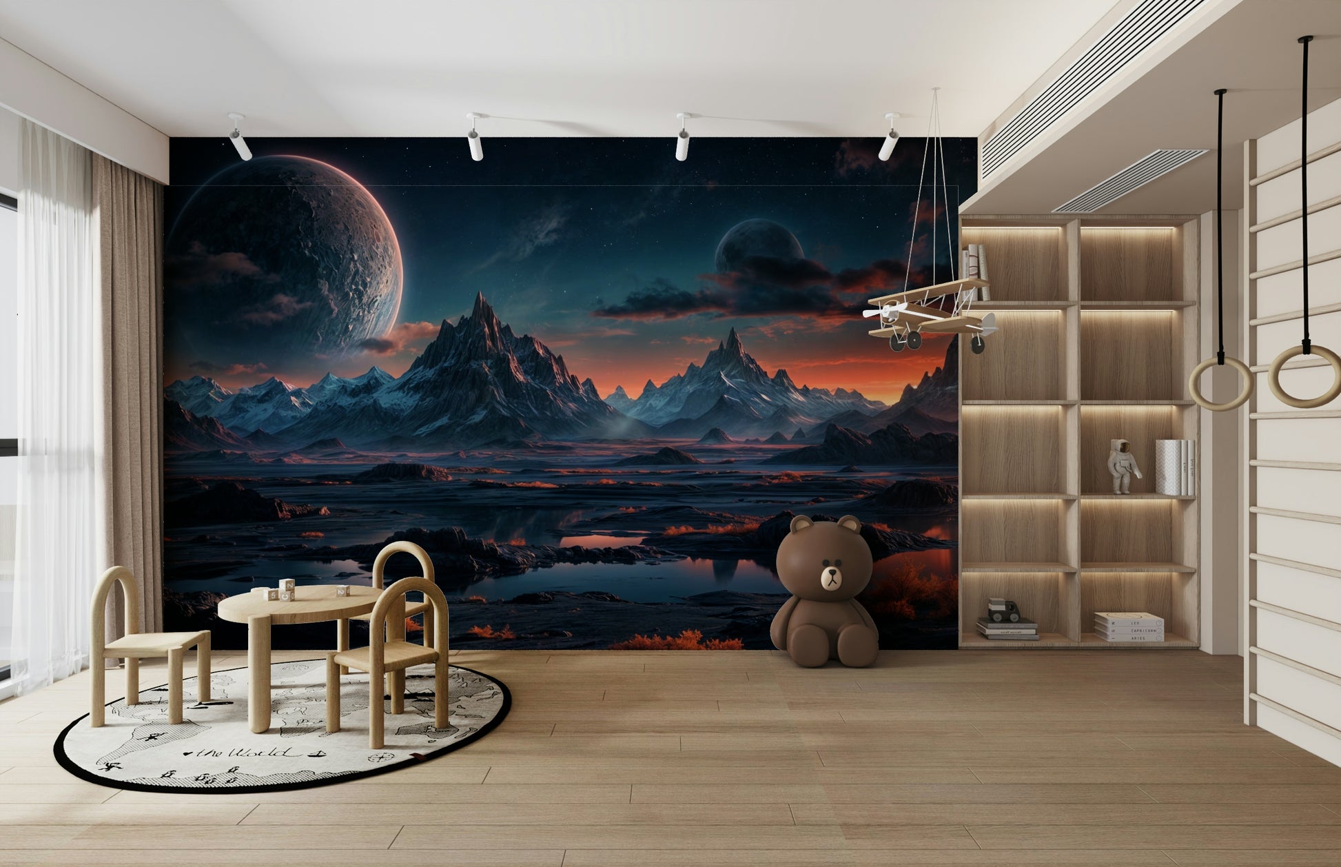 The colors are soft, muted tones of blue, beige, and white.

