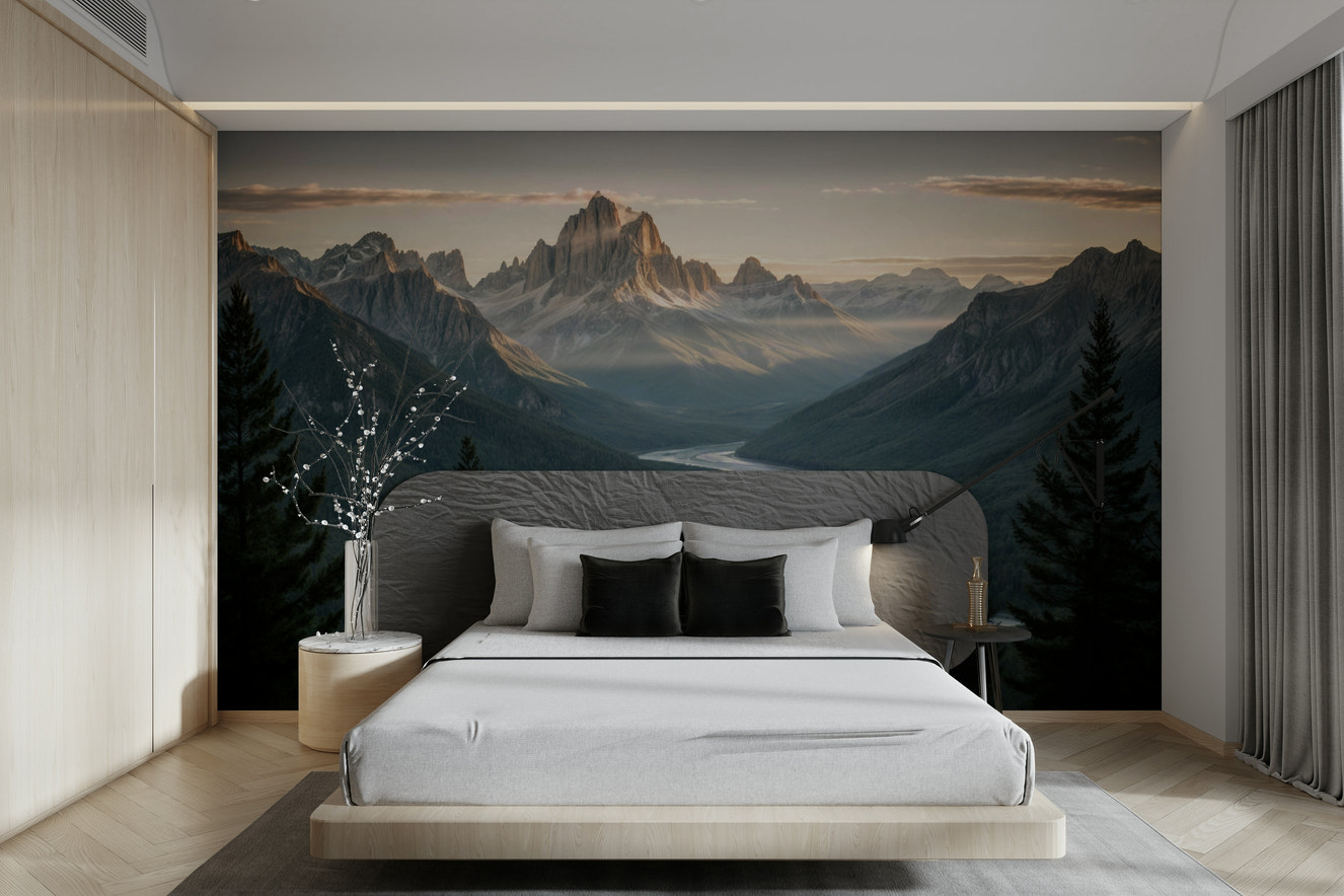 A wall mural of a peaceful river in a mountain landscape.

