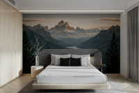 A wall mural of a peaceful river in a mountain landscape.

