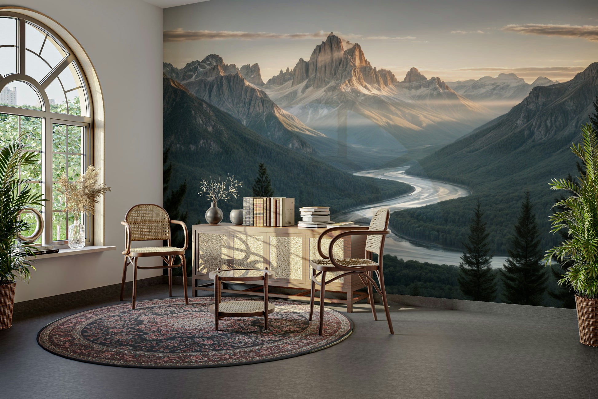 The image shows an artistic impression of a serene mountain and river scene.

