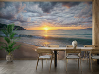 A wall mural of a peaceful coastal landscape at dawn.

