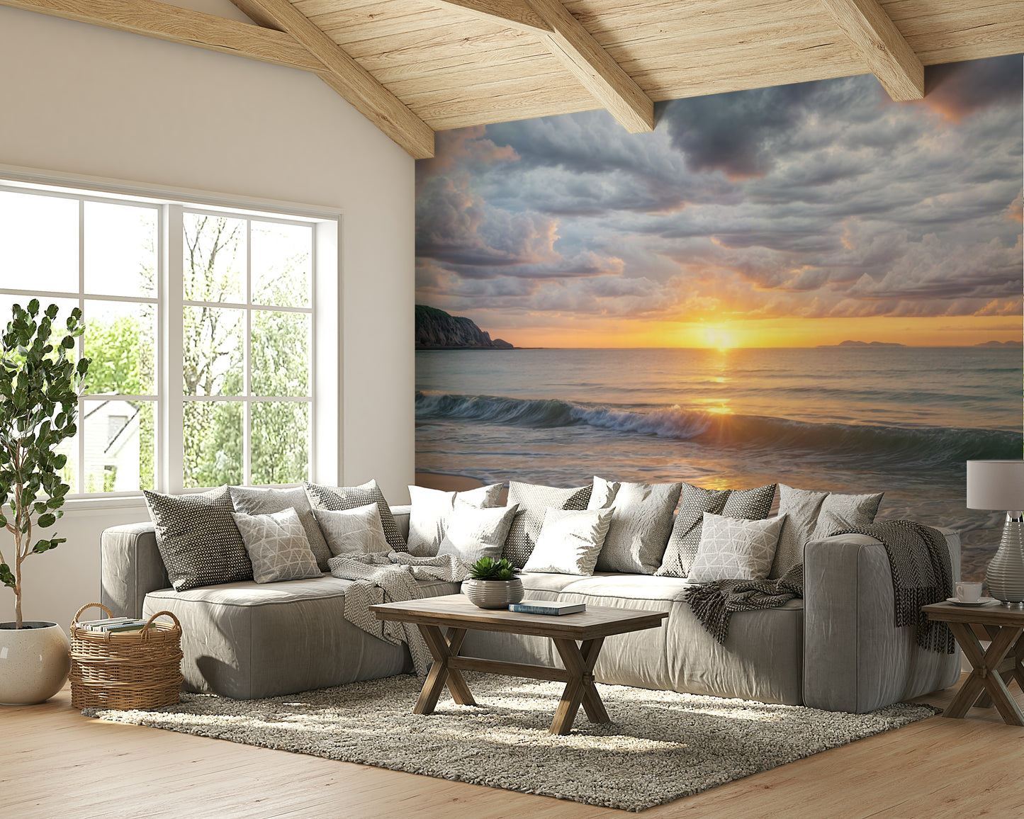 The image shows an artistic impression of a serene landscape with the sun rising.

