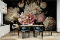 The image shows an artistic impression of a serene floral scene with a baroque feel.

