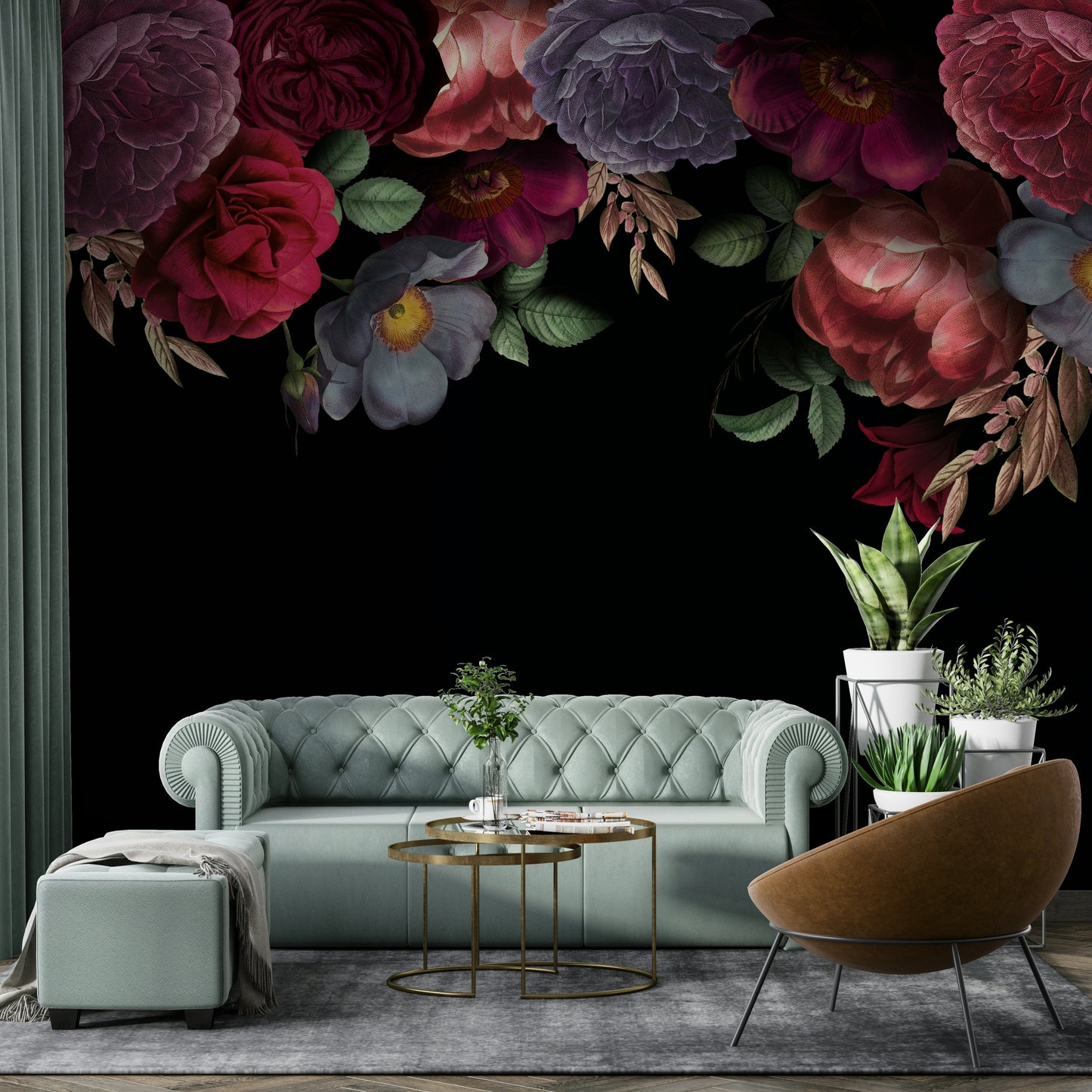 Antique Roses and Peonies with Dark Dramatic Botanical Garden Charm Wall Mural