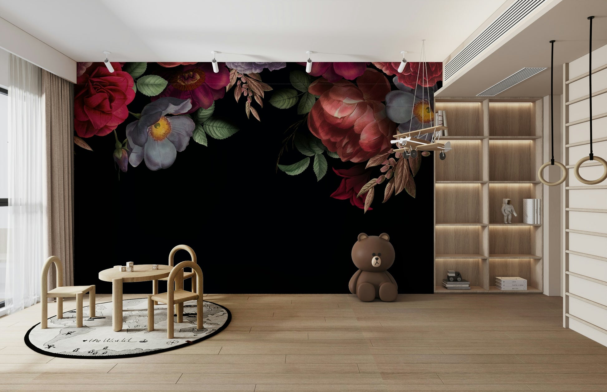 A wall mural of a peaceful floral pattern.

