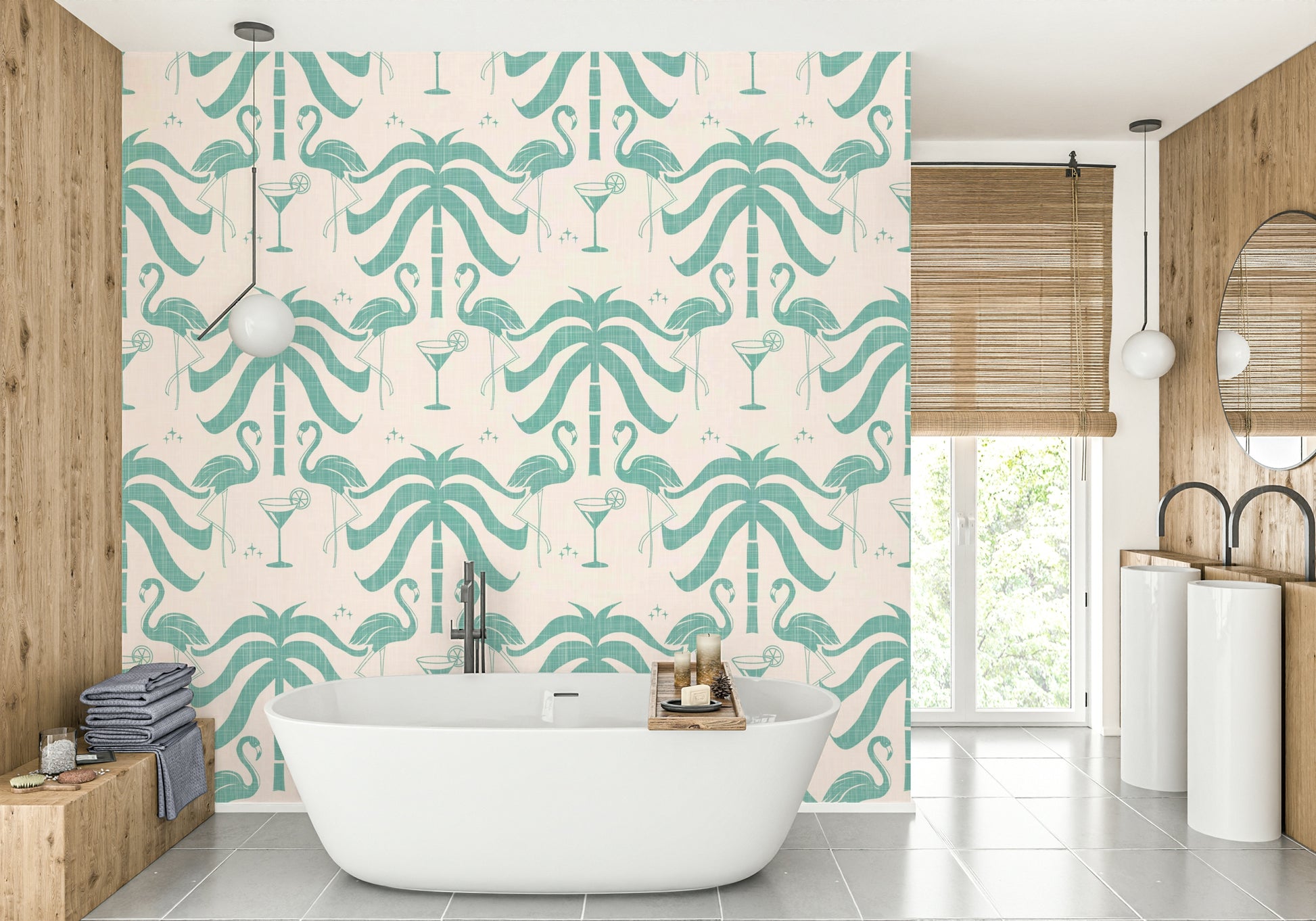 The colors are soft, muted tones of beige, teal, and pink.

