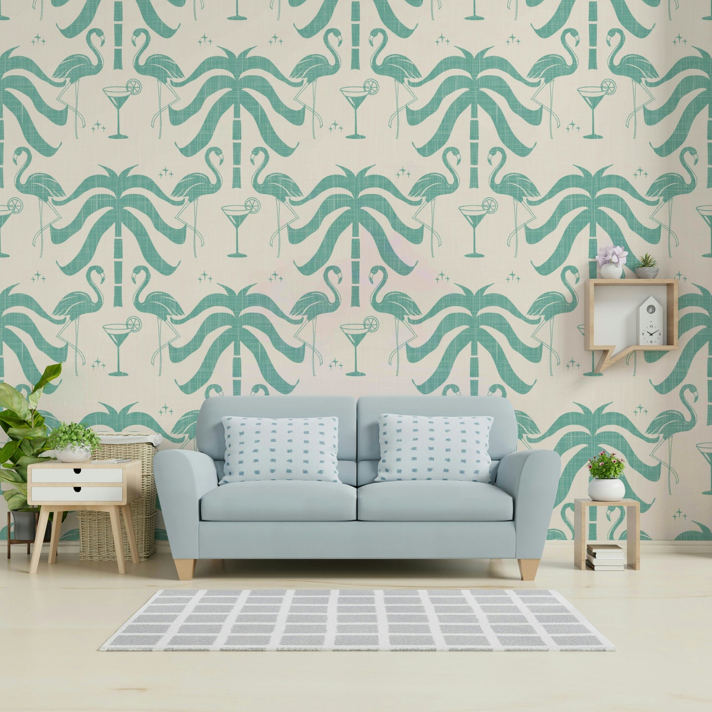 The image shows an artistic impression of a serene palm leaf and flamingo scene.

