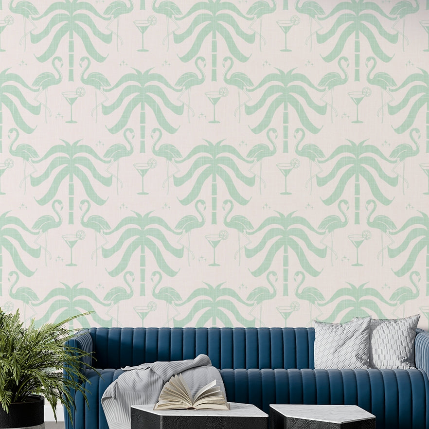 The image shows an artistic impression of a serene palm leaf and flamingo scene.

