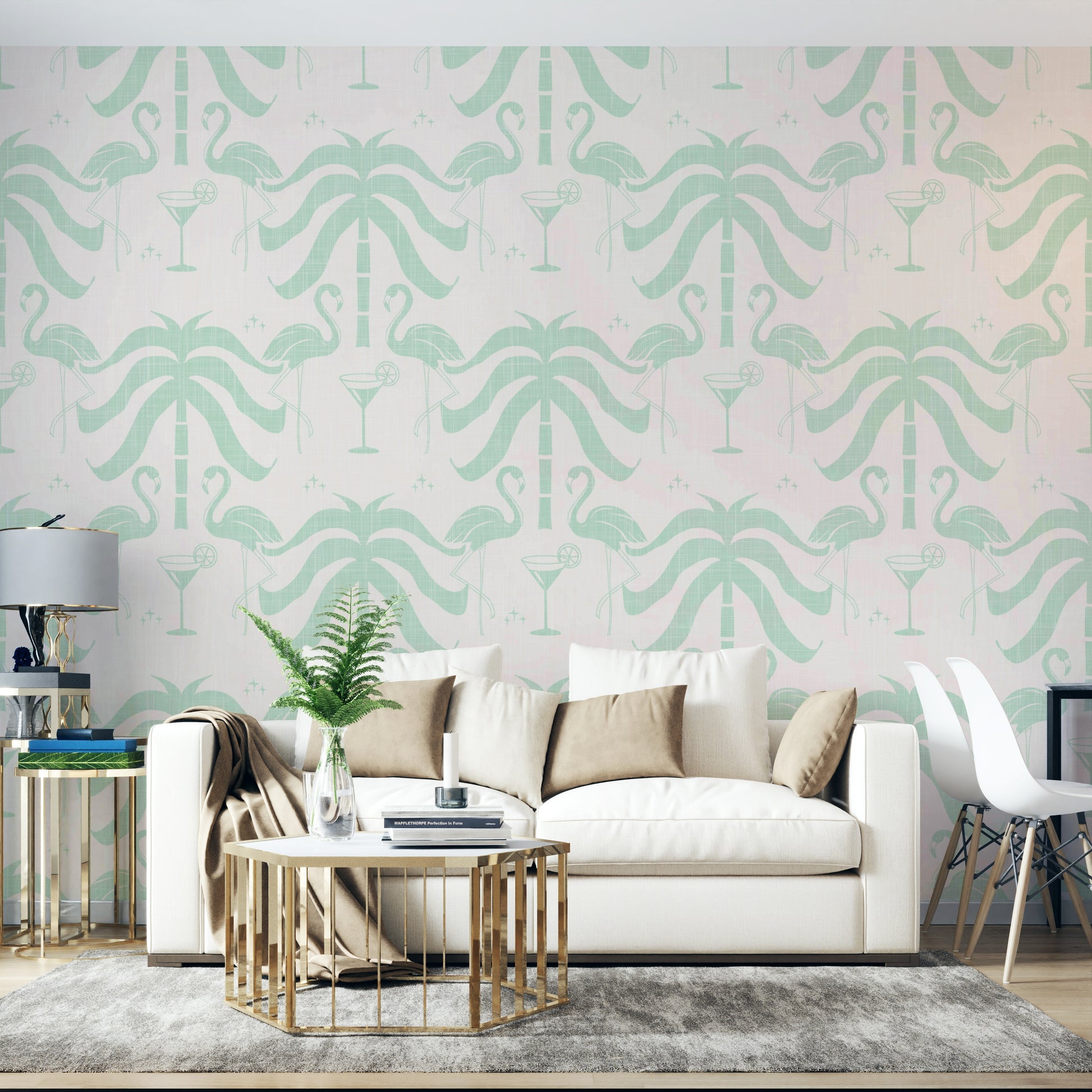 The palm leaves and flamingos are a central focus of the image.

