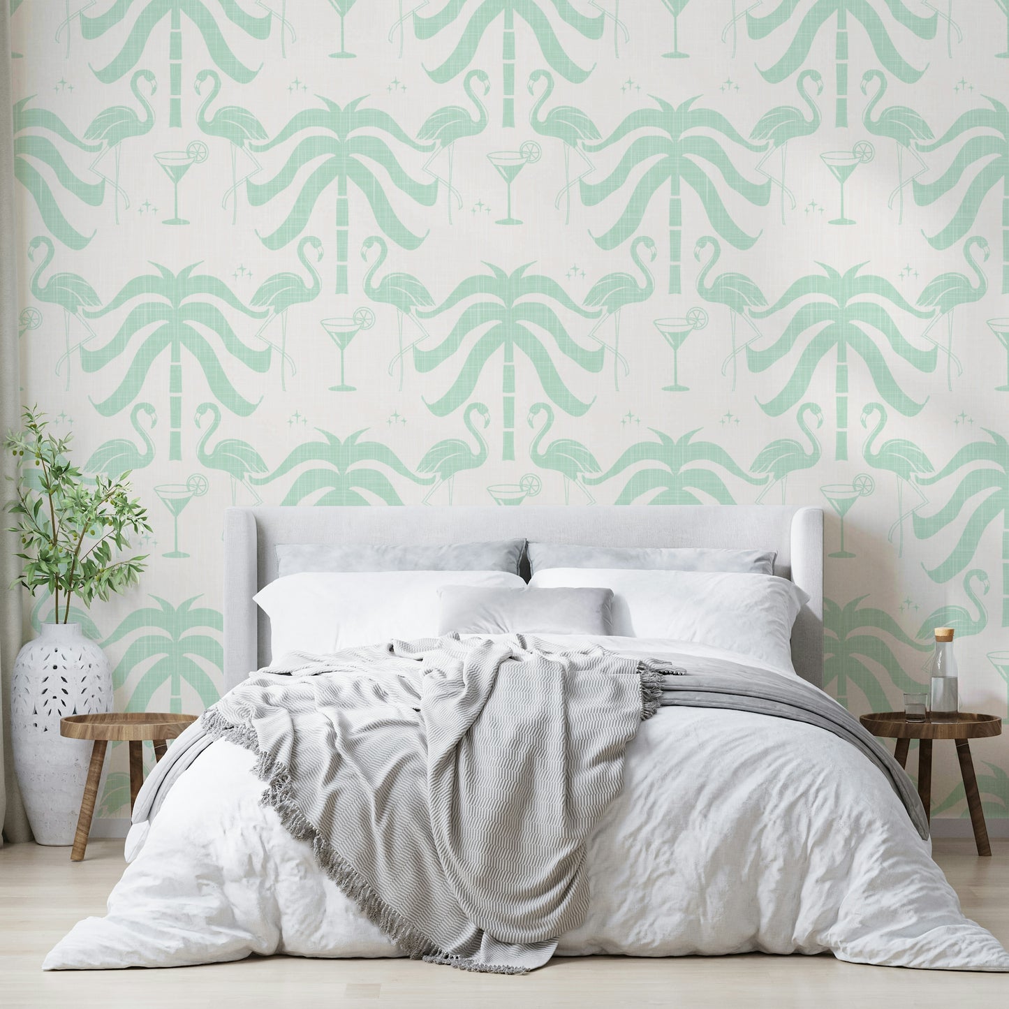 The colors are soft, muted tones of beige, aqua, green, and pink.

