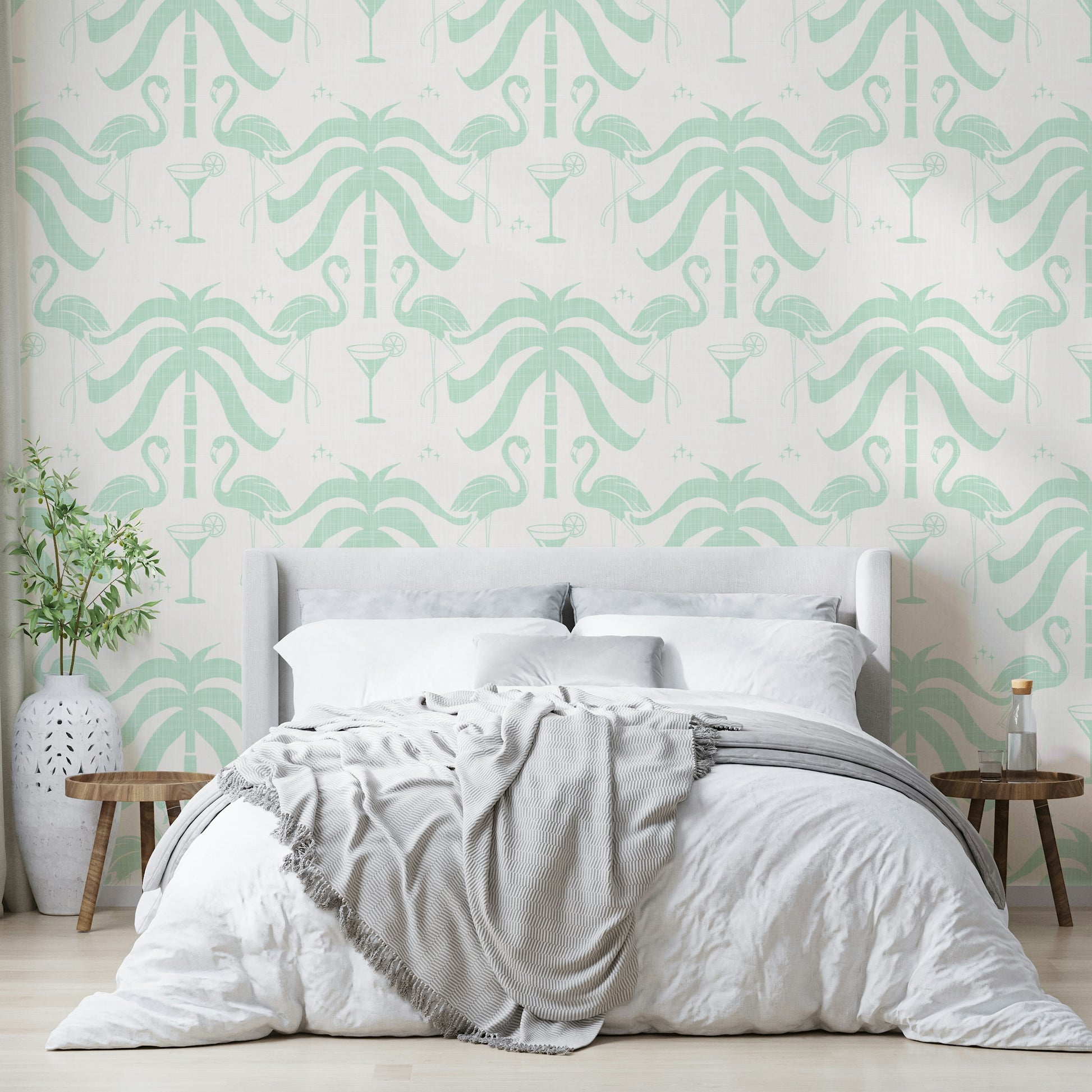 The colors are soft, muted tones of beige, aqua, green, and pink.

