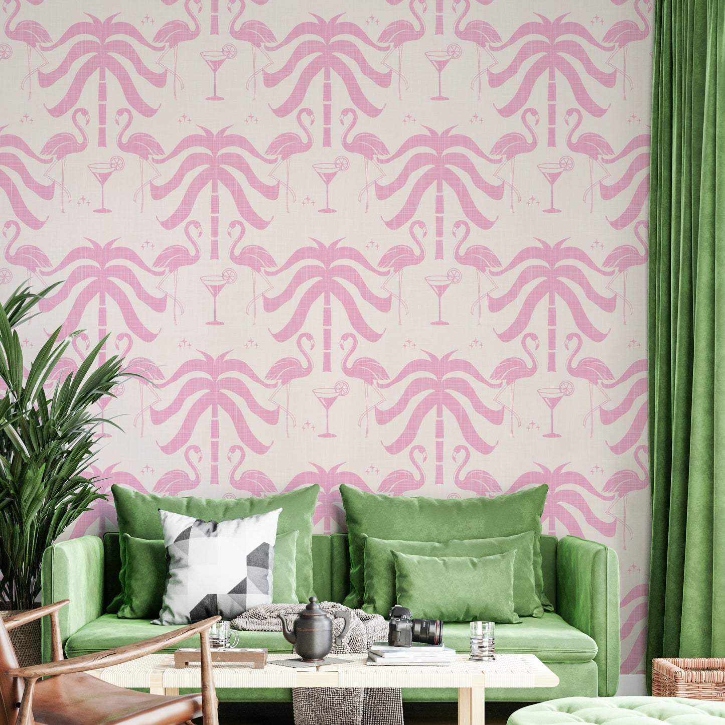 The palm leaves and flamingos are a central focus of the image.

