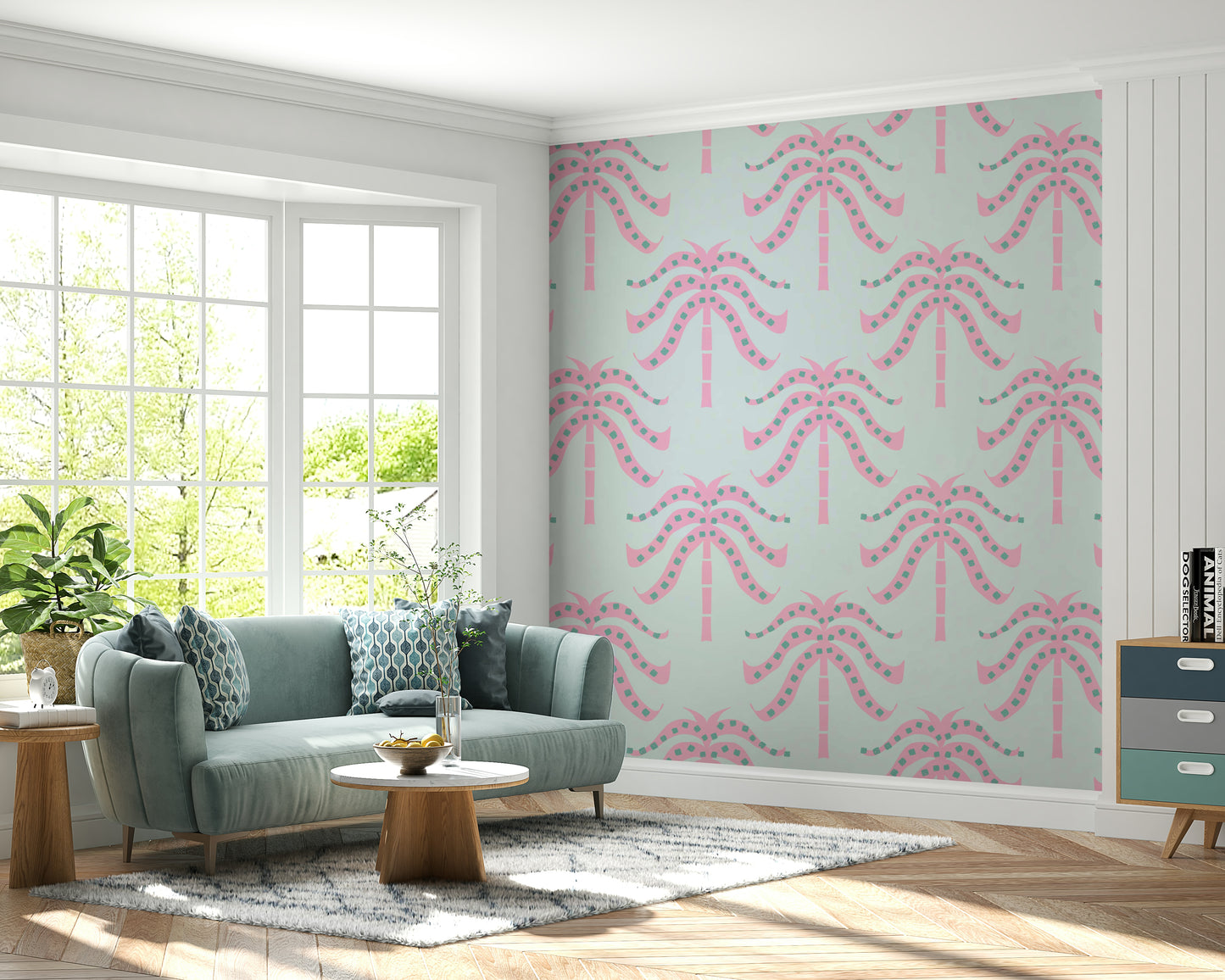 A wall mural of a peaceful botanical pattern.

