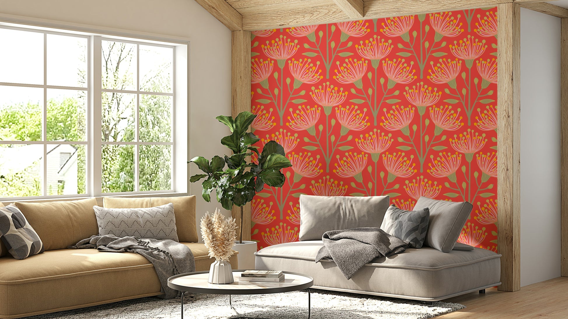 The colors are soft, muted tones of yellow, green, pink, blush, and coral orange.

