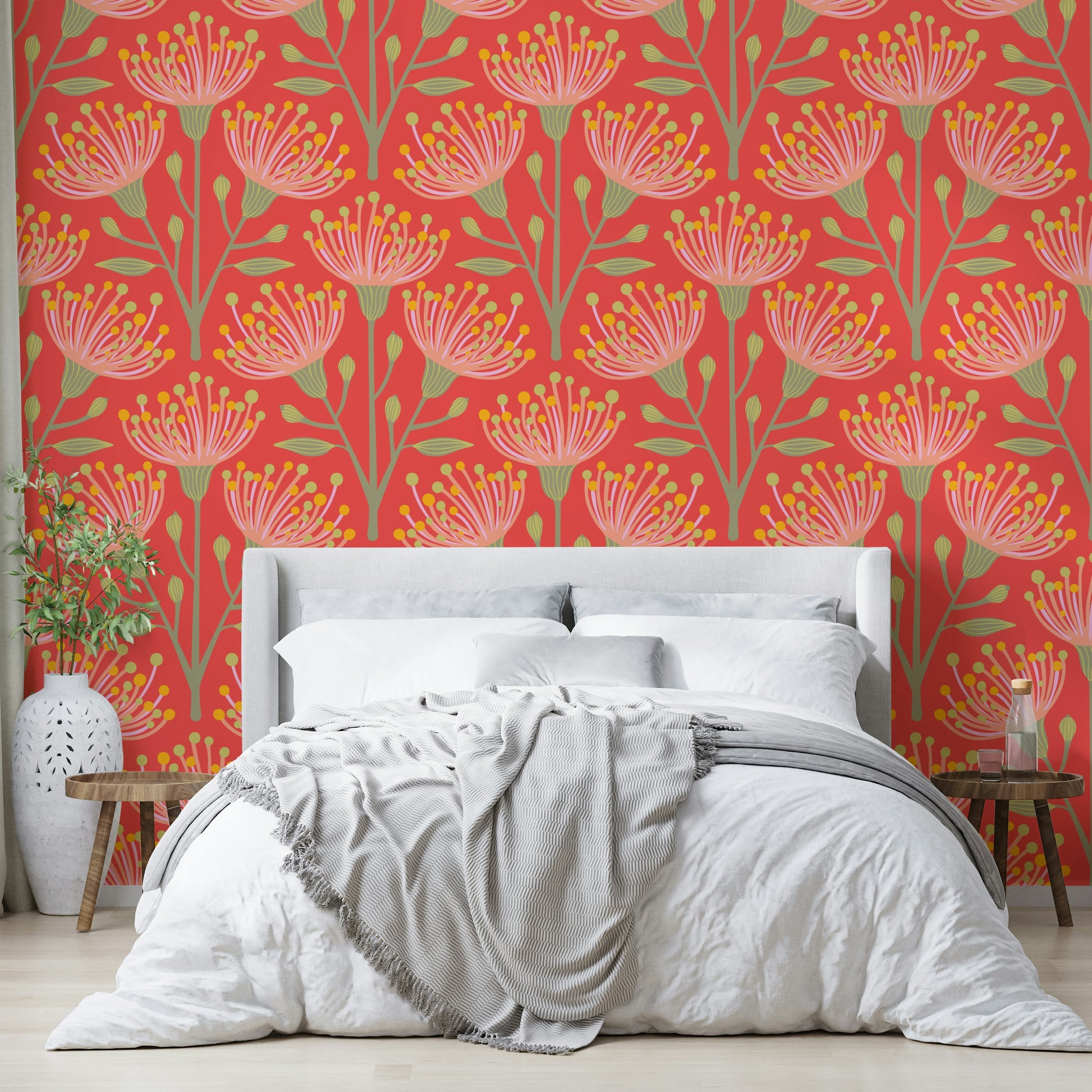 The image shows a peaceful, natural scene with eucalyptus leaves.

