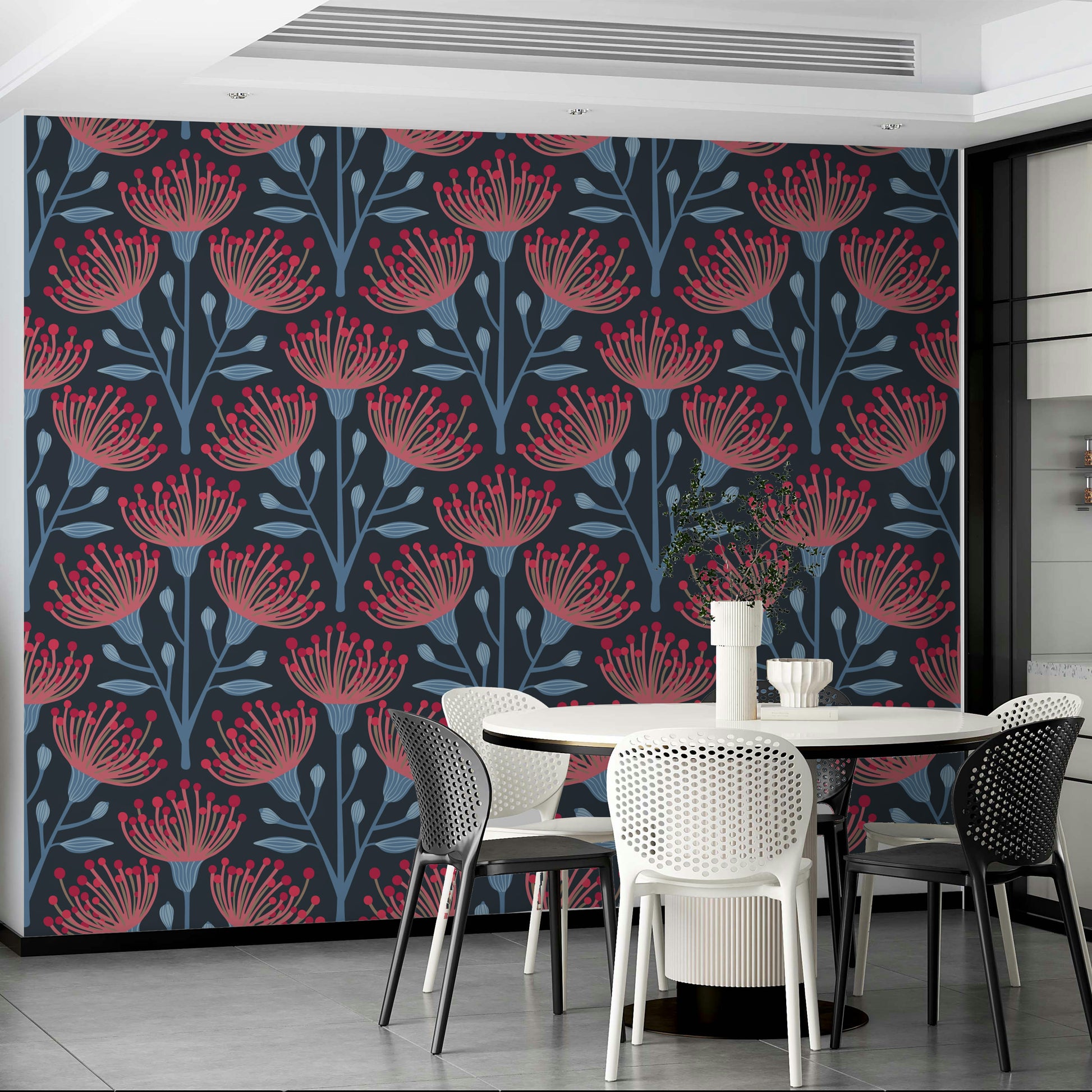 A wall mural of a peaceful botanical pattern.


