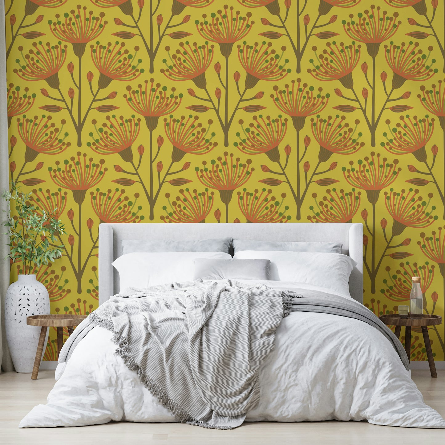 A wall mural of a peaceful botanical pattern.

