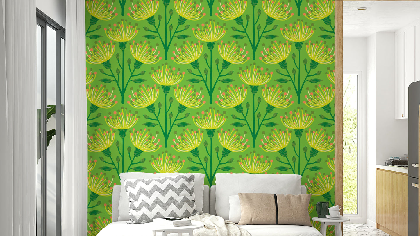 A wall mural of a peaceful botanical pattern.

