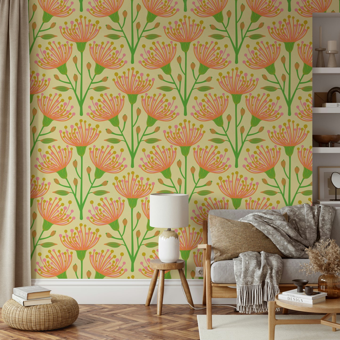 A wall mural of a peaceful botanical pattern.

