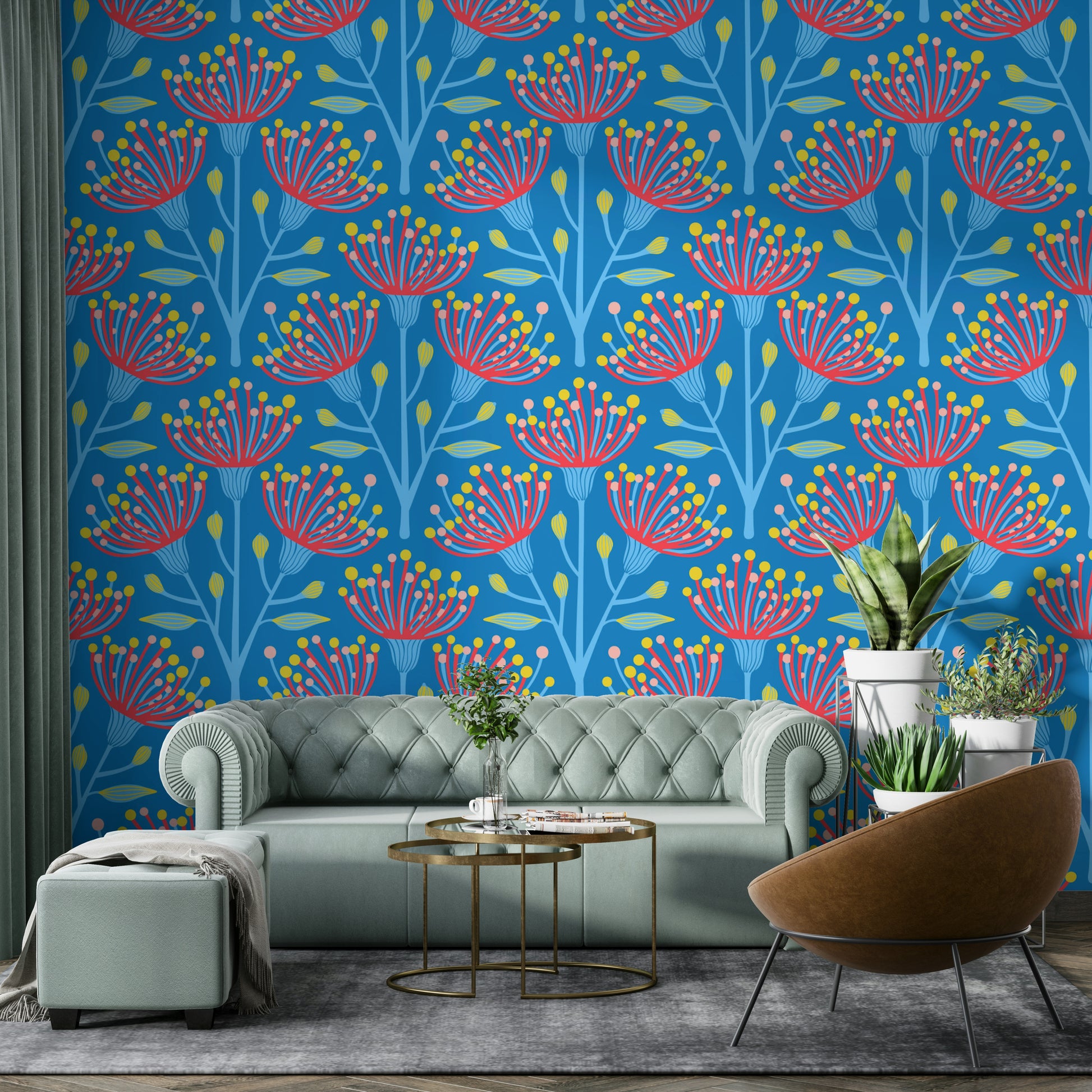 A wall mural of a peaceful botanical pattern.

