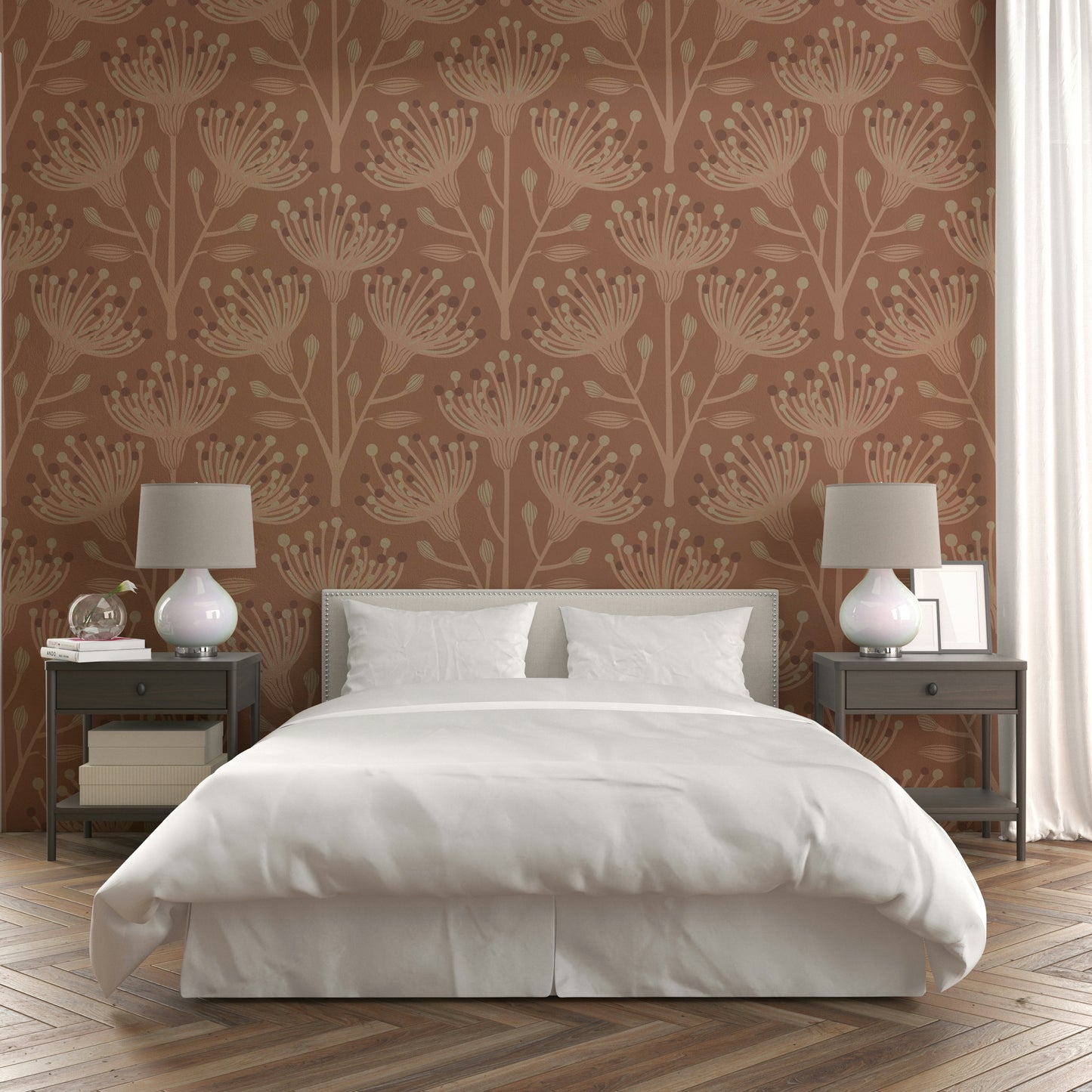 A wall mural of a peaceful botanical pattern.

