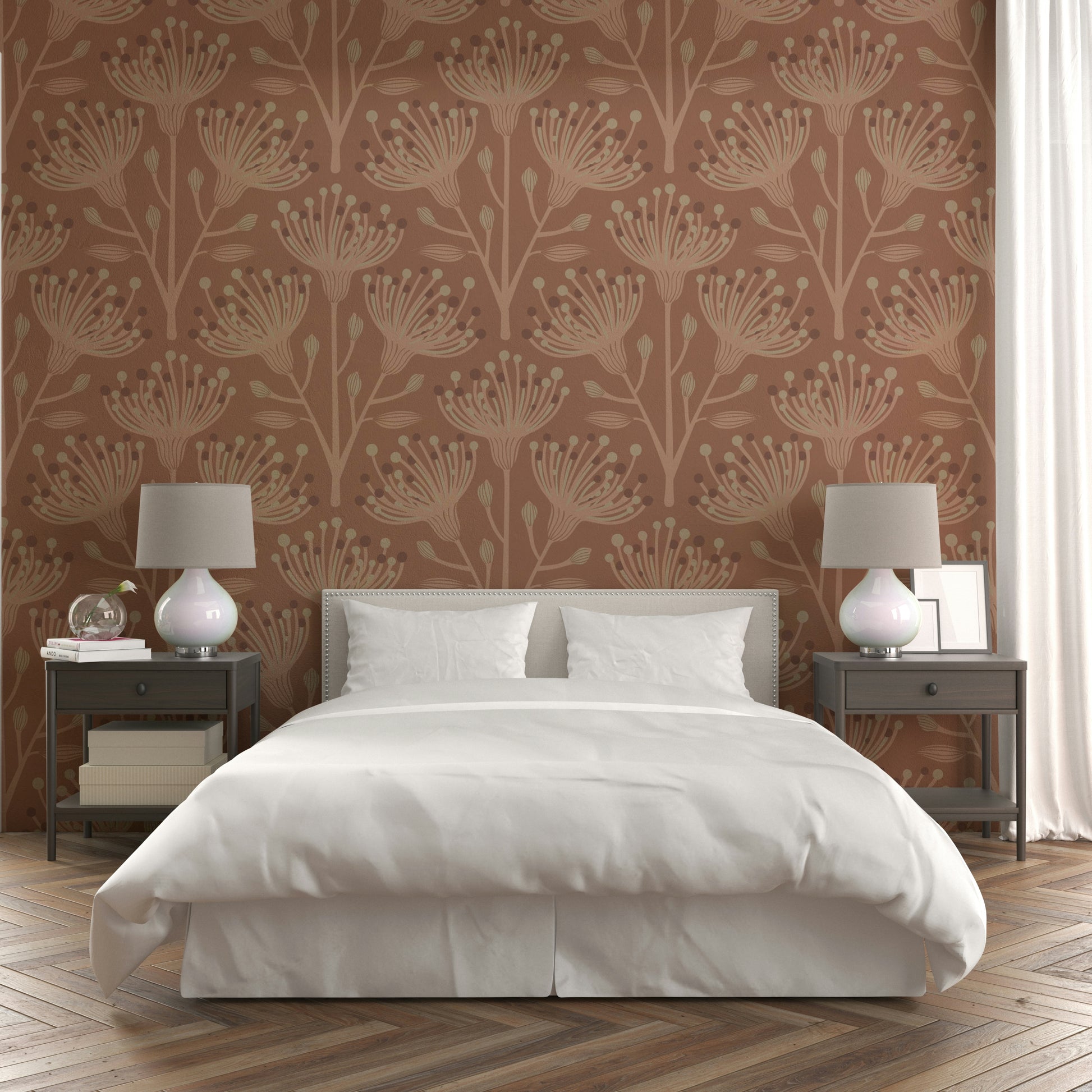 A wall mural of a peaceful botanical pattern.

