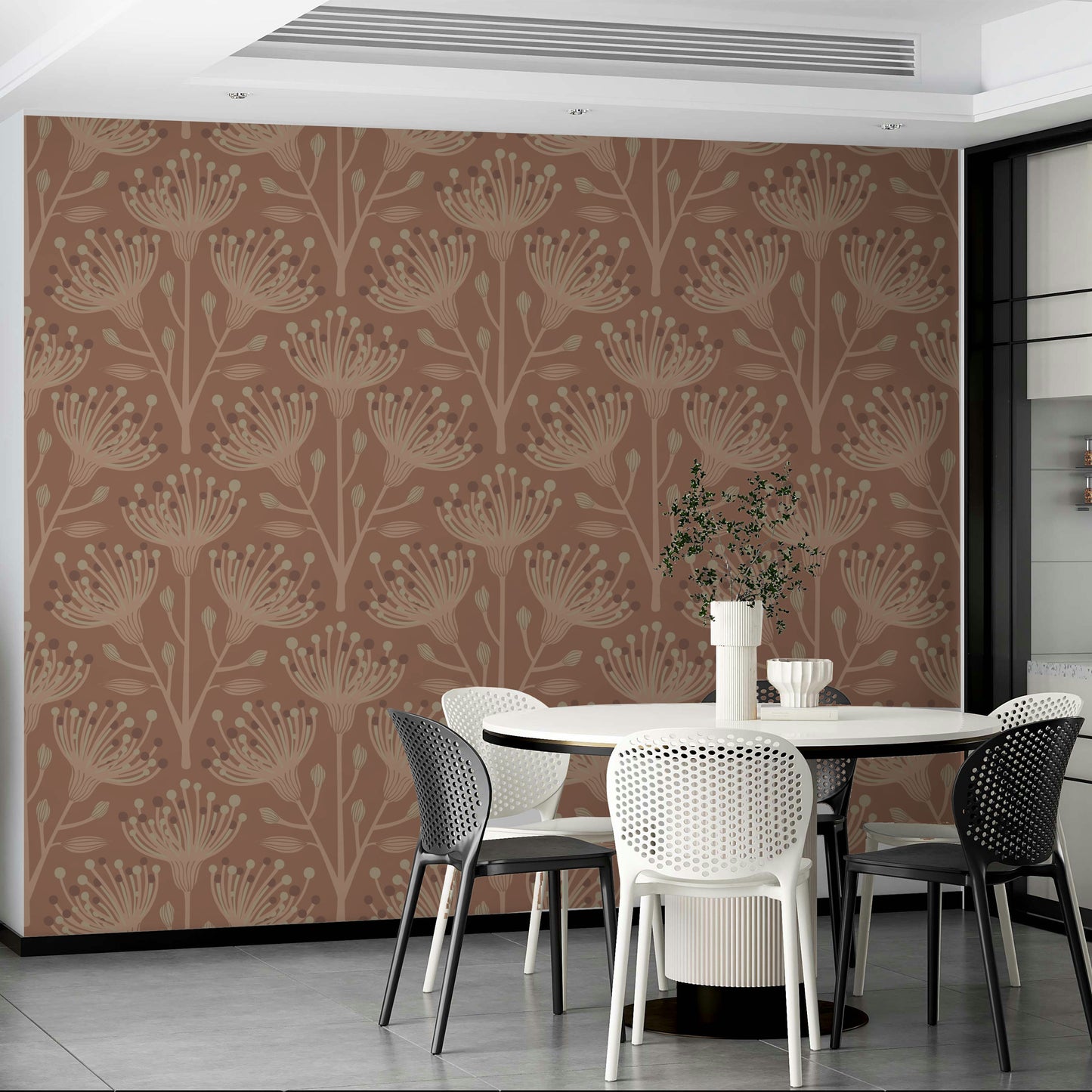 Eucalyptus Floral Botanical Earthy Beige Brown on Mocha Mousse Wallpaper⁠