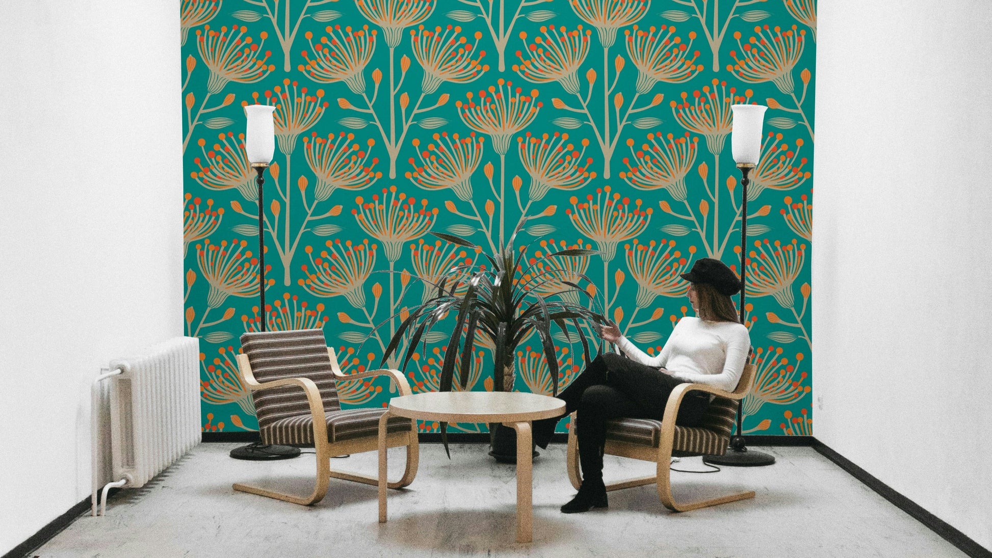 A wall mural of a peaceful botanical pattern.

