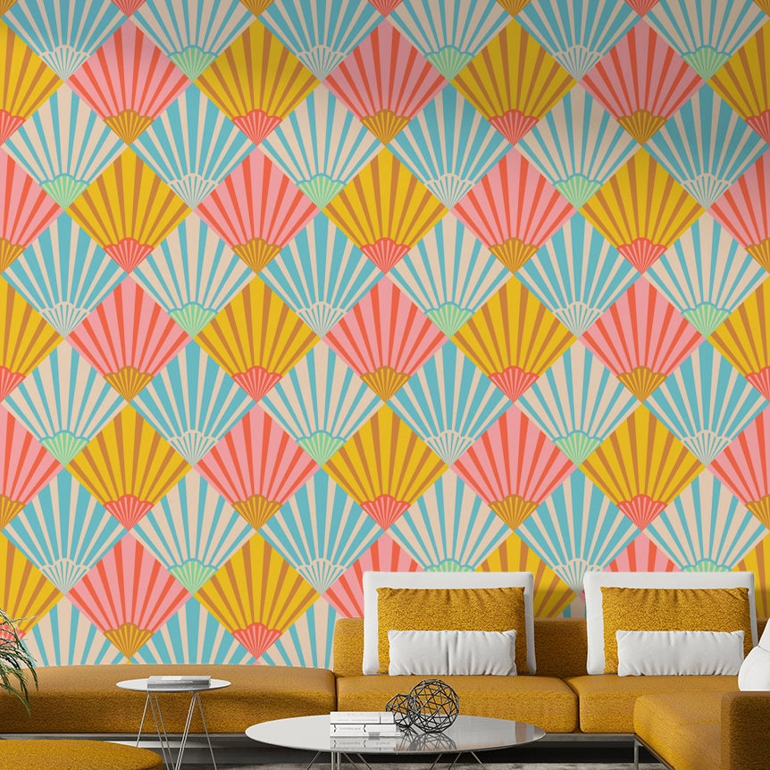 The image shows a peaceful, Art Deco-style pattern with geometric shapes.

