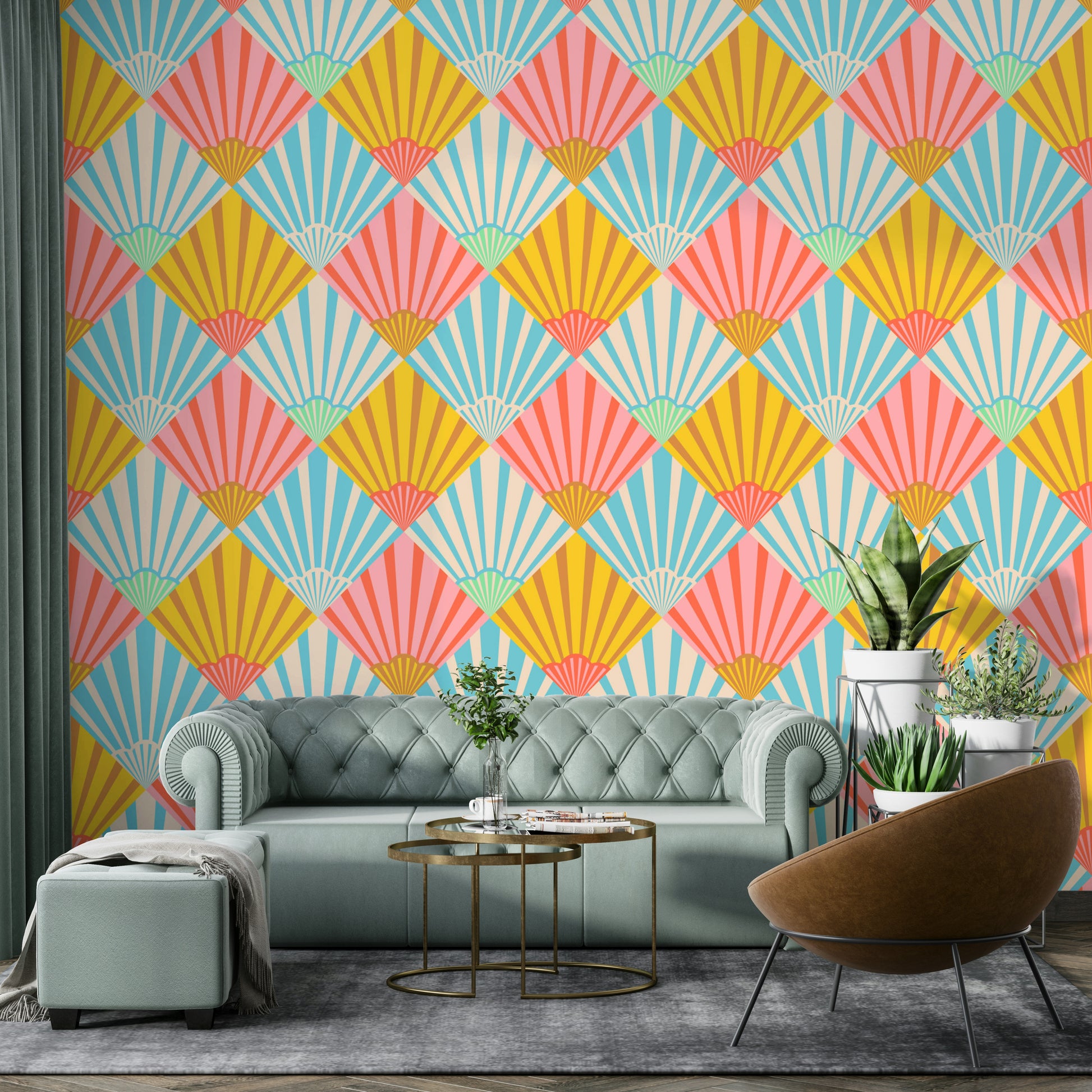 A wall mural of an abstract, geometric pattern.

