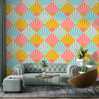 A wall mural of an abstract, geometric pattern.

