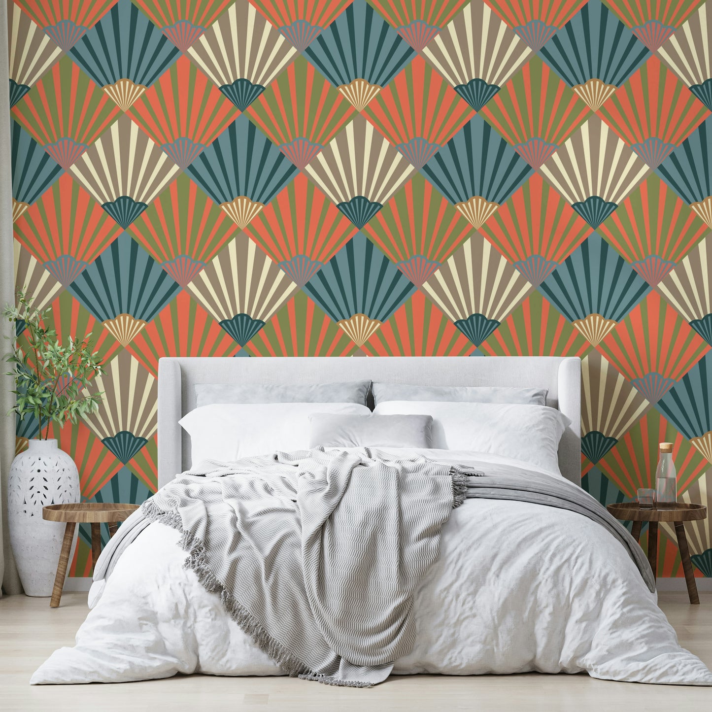 The colors are soft, muted tones of navy blue, orange, green, beige, and cream.

