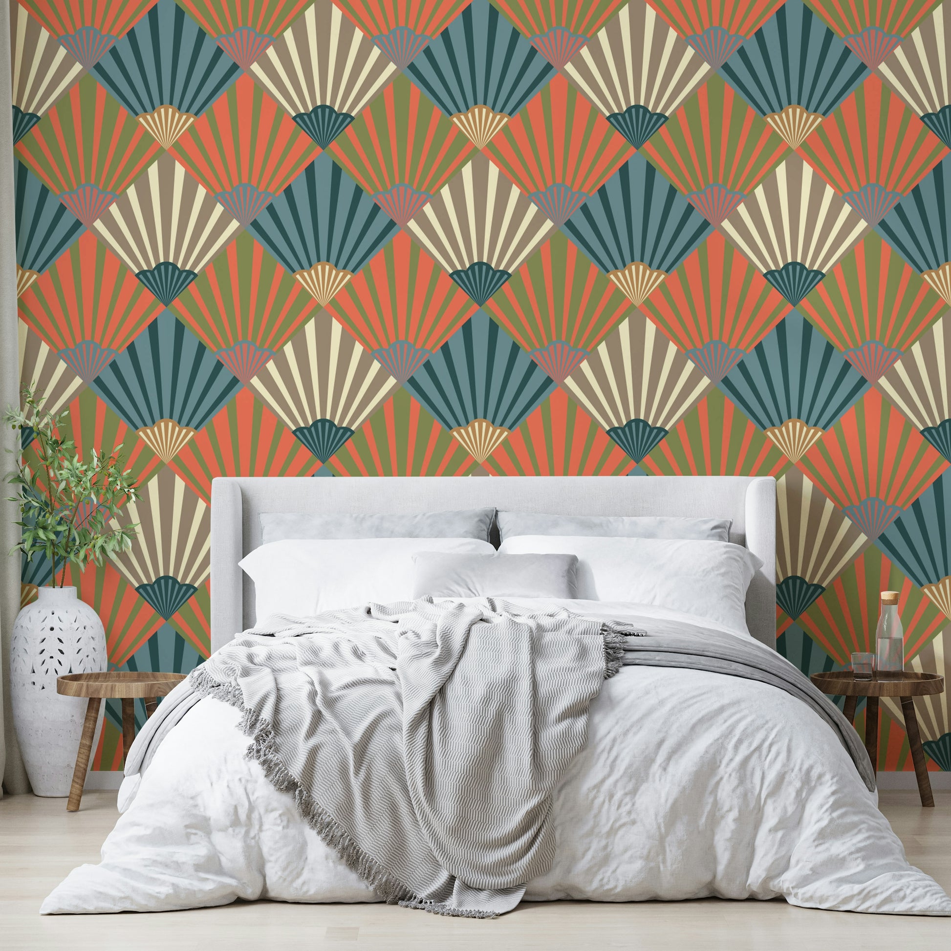 The colors are soft, muted tones of navy blue, orange, green, beige, and cream.

