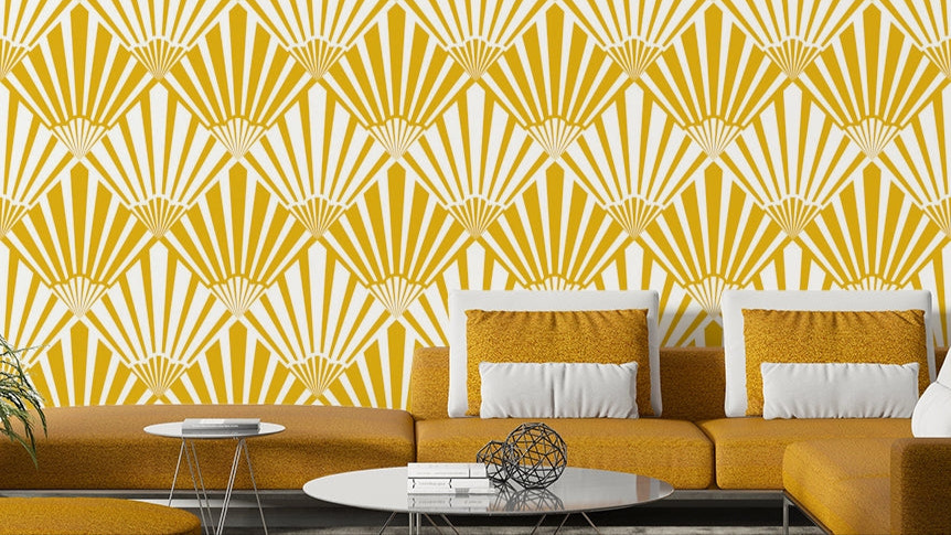 A wall mural featuring an elegant, abstract Art Deco pattern.

