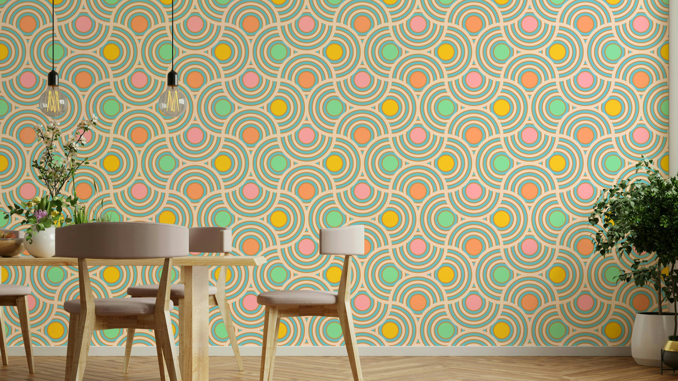 The mural extends across the entire wall, creating a clean backdrop.

