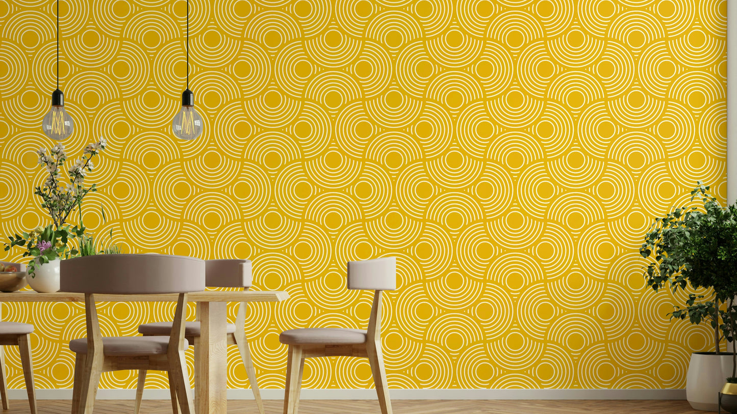 The image shows a full wall with a repeating pattern of geometric scallops.

