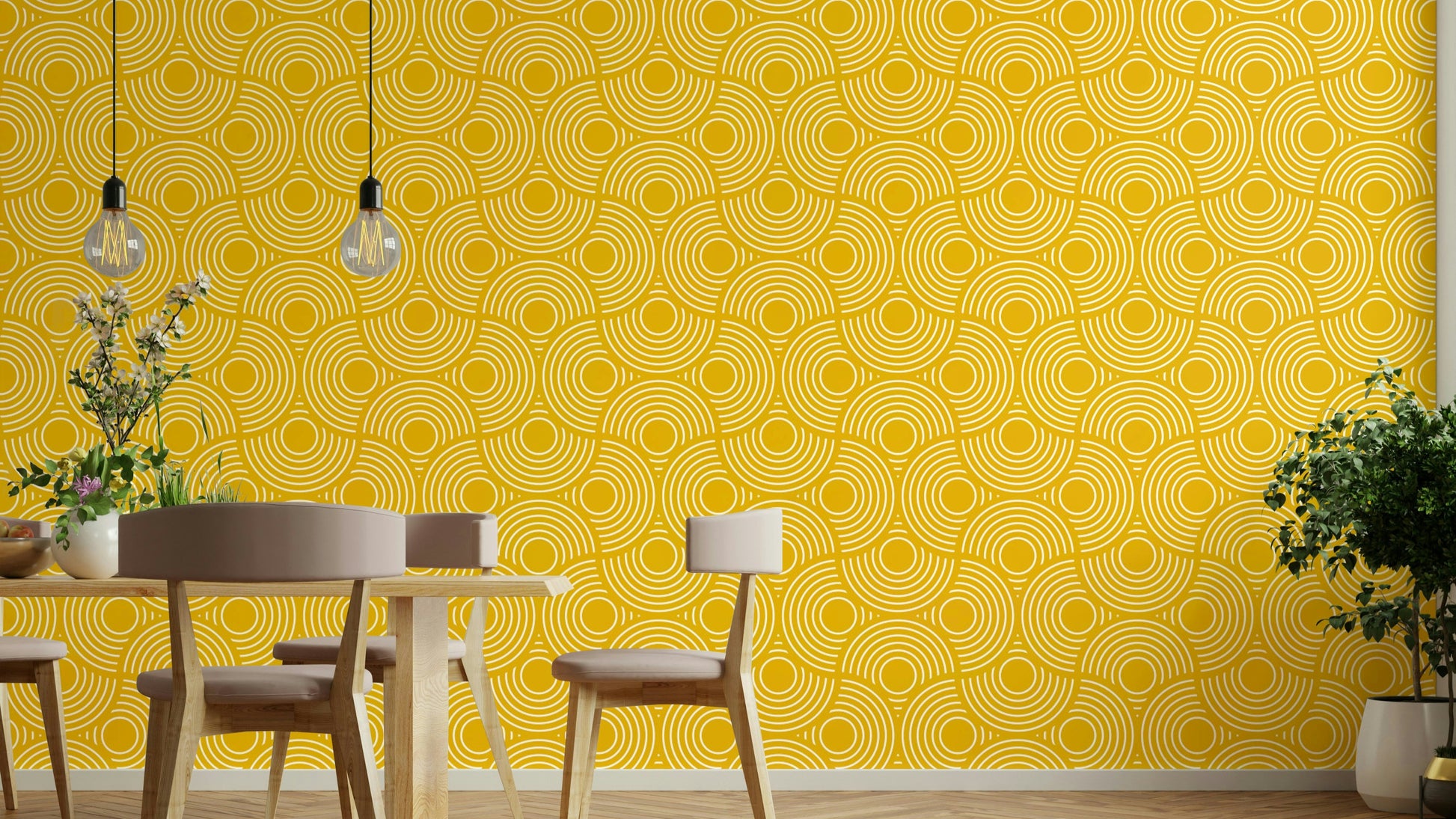 The image shows a full wall with a repeating pattern of geometric scallops.

