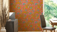 A wall mural featuring a bold, abstract floral pattern in a retro style.

