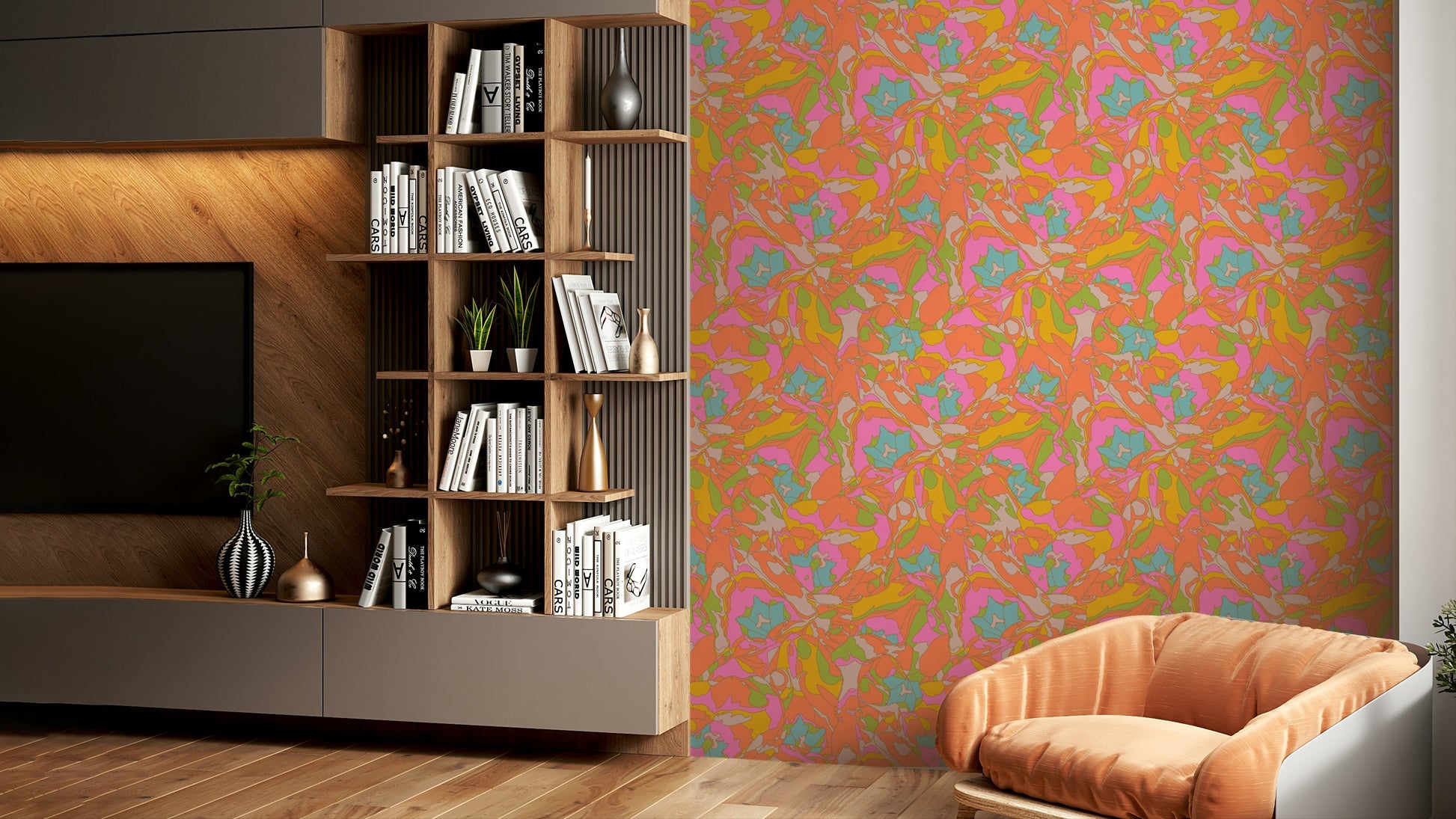 The image shows a full wall with a pattern of stylized tulips and flowers.

