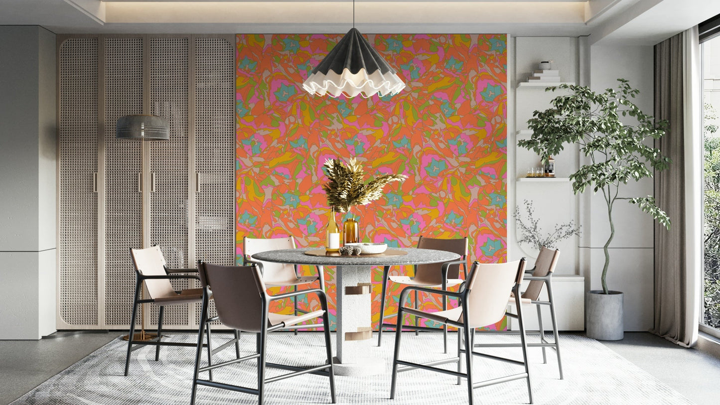 The room's lighting highlights the vibrant feel of the mural.

