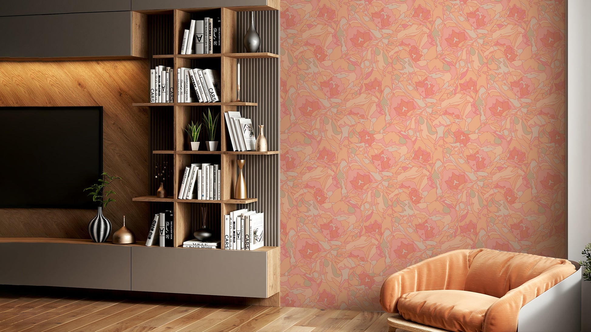 A wall mural featuring a soft, abstract floral pattern in a retro style.

