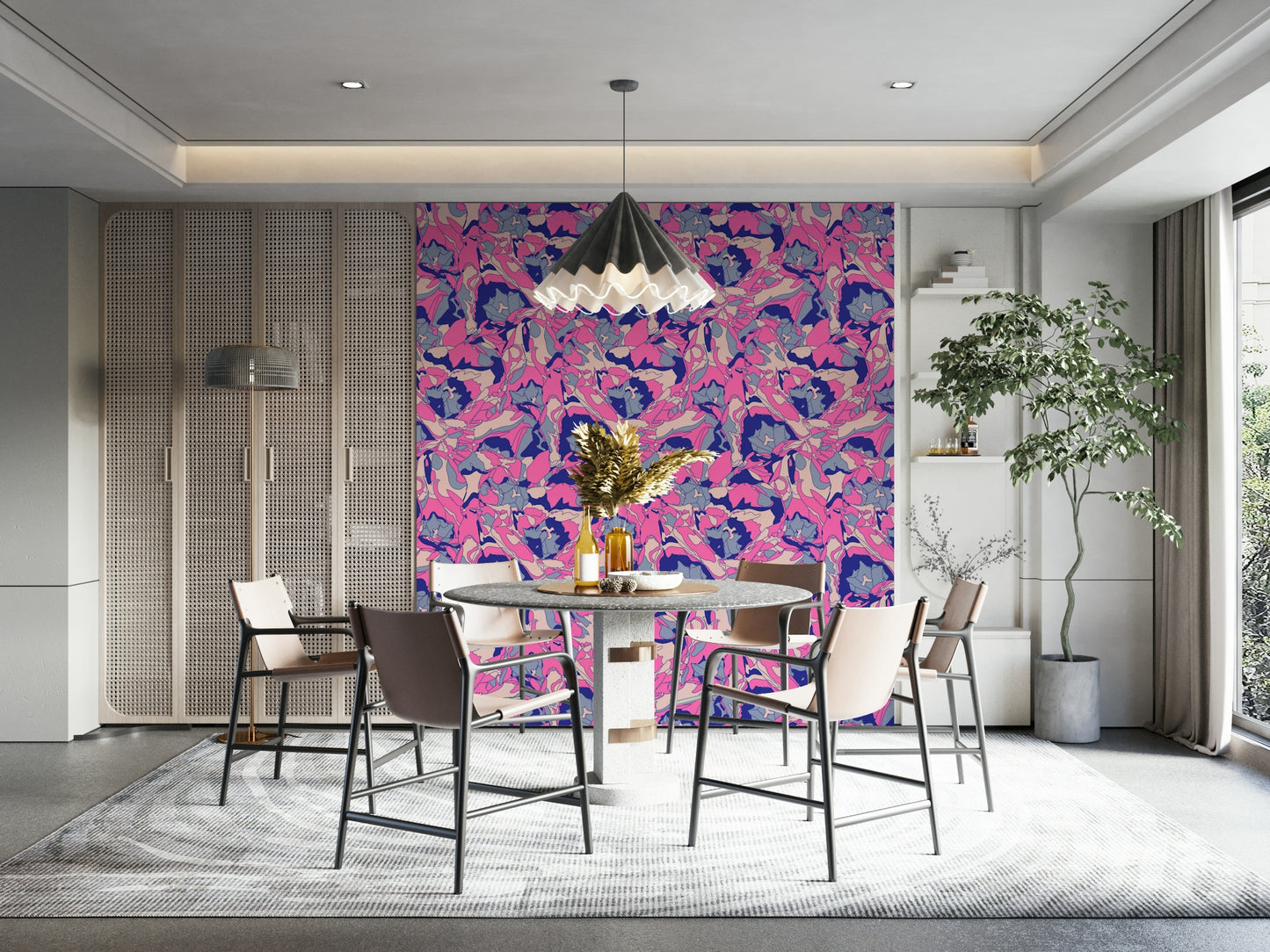 The colors are vibrant and rich, including fuchsia, pink, lavender, and royal blue.

