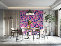 The colors are vibrant and rich, including fuchsia, pink, lavender, and royal blue.

