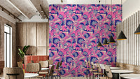 A wall mural featuring a bold, abstract floral pattern in a retro style.

