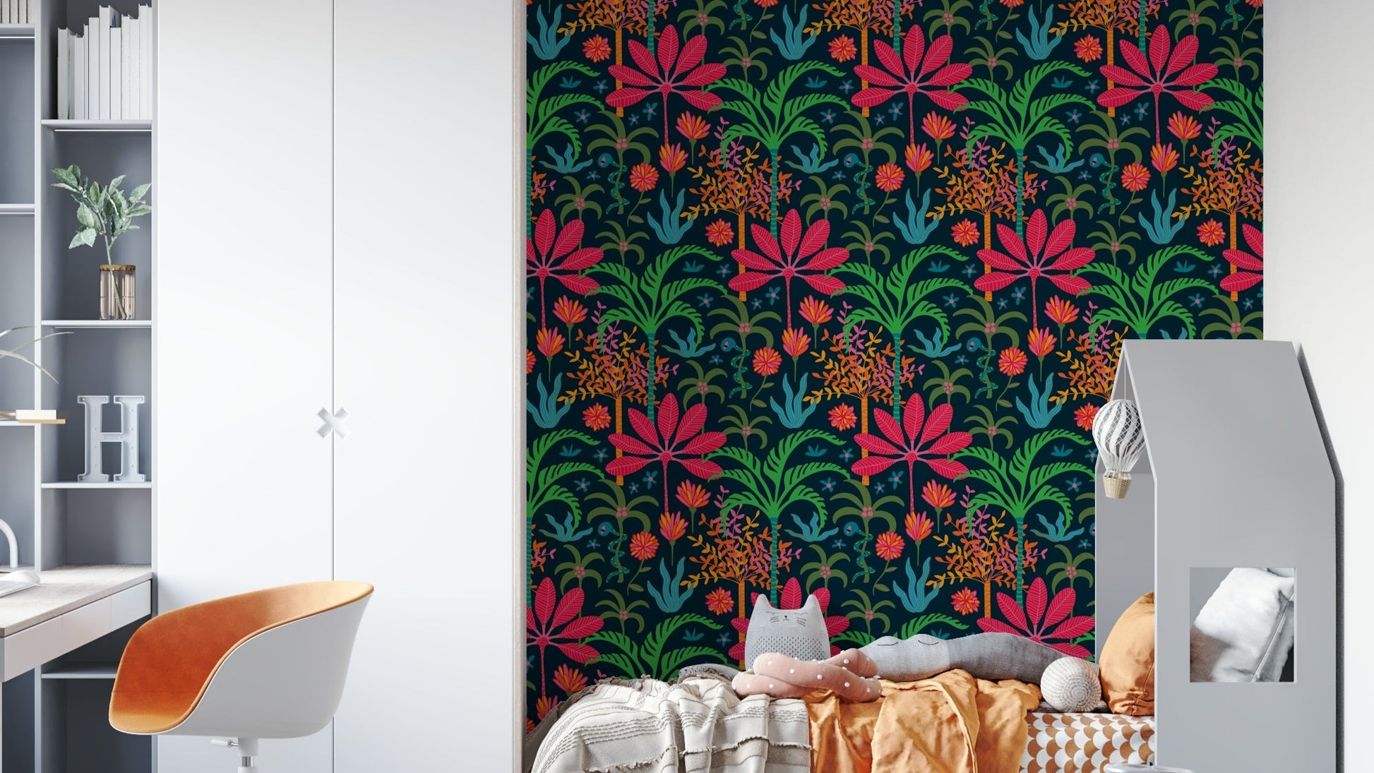 A wall mural featuring a bold, tropical jungle pattern.

